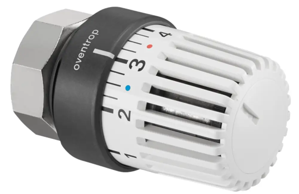 Oventrop Thermostat mit drehbarem Einstellrad und Temperaturskala von 1 bis 5, geeignet für Thermostatventile, in anthrazit und weiß.
